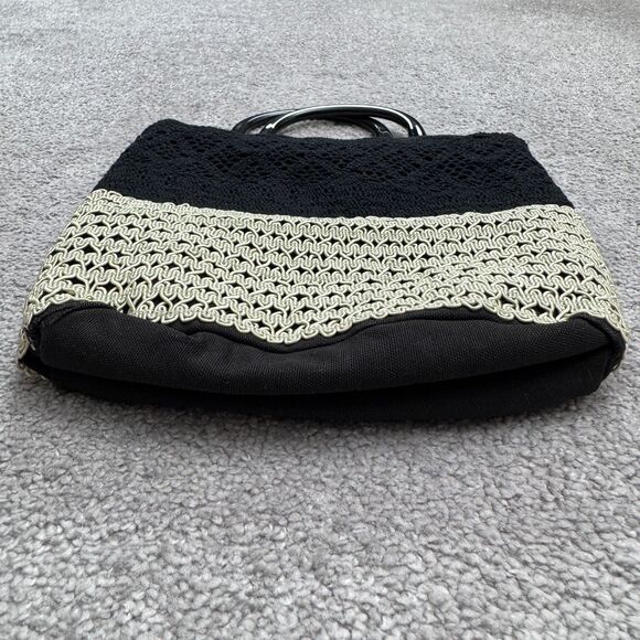 Unbranded Crochet Woven Top Handle Tote Bag Womens Black Beige Color Block Boho - Picture 4 of 8